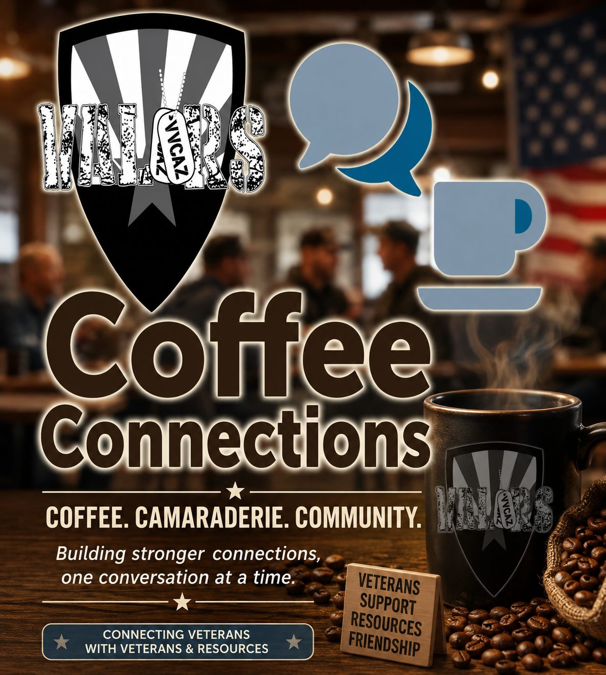 VVCAZ Coffee Connections flyer: coffee, camaraderie, community. Building stronger connections, one conversation at a time.