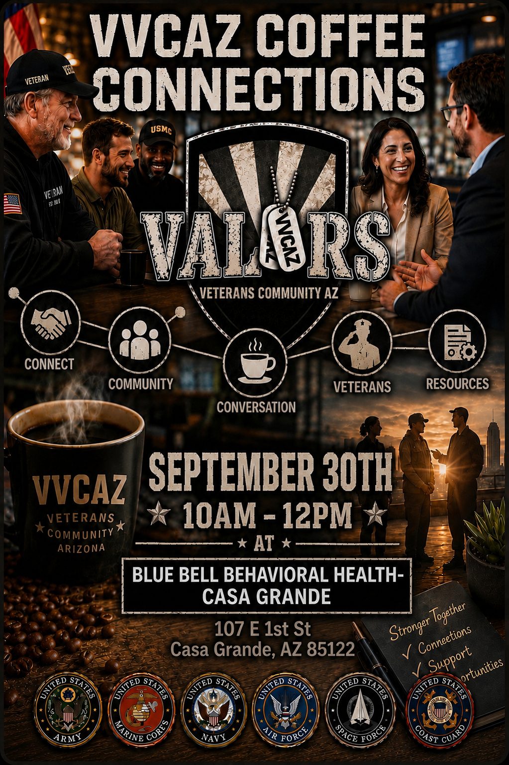 Flyer for VVCAZ Coffee Connections on 30 September, 10:00 AM to 12:00 PM at Blue Bell Behavioral Health, 107 E 1st St, Casa Grande AZ 85122.