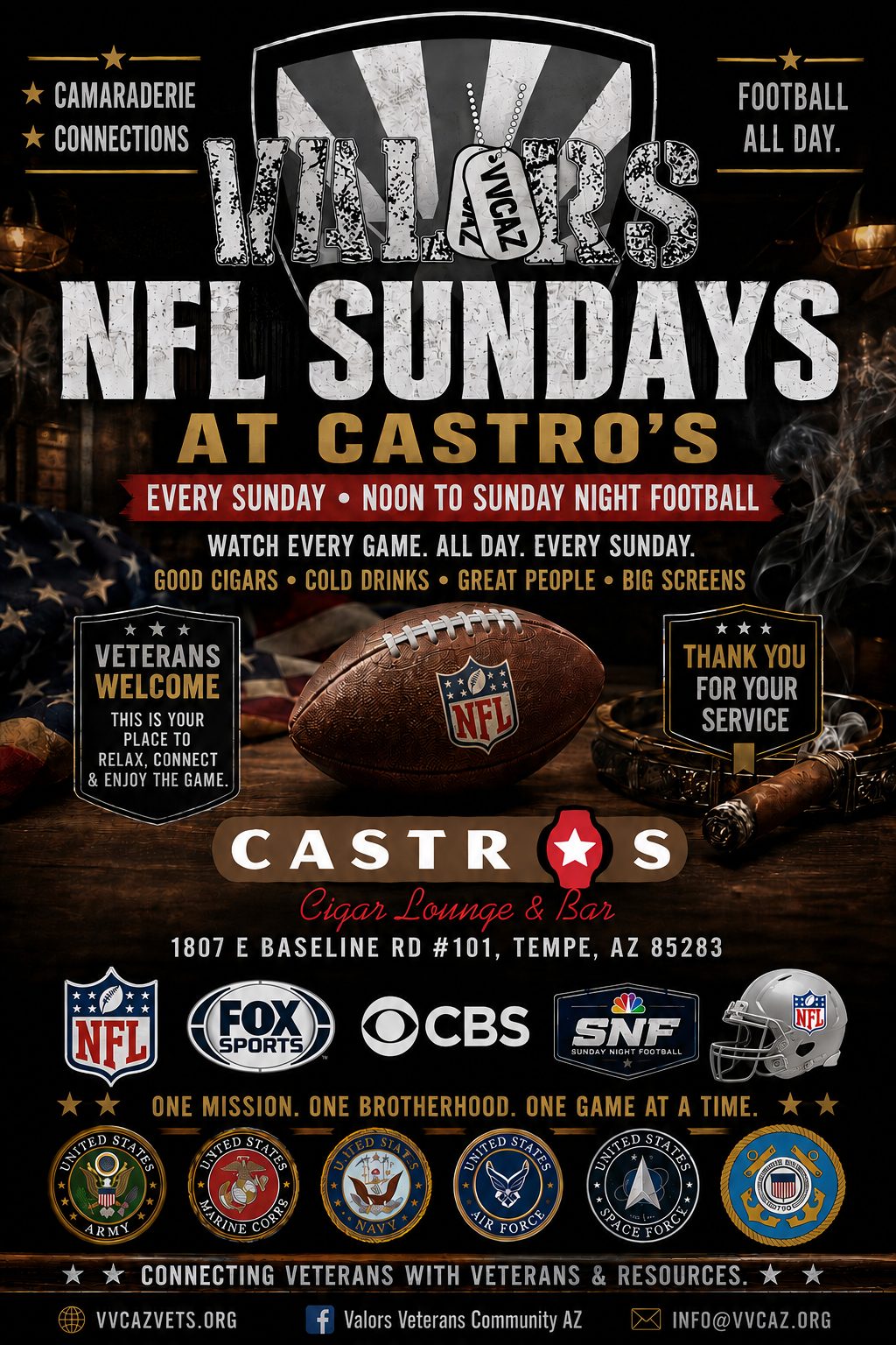 Flyer for NFL Sundays at Castro's Cigar Lounge and Bar, 1807 E Baseline Rd #101, Tempe AZ 85283. Every Sunday from noon through Sunday night football. Veterans welcome.