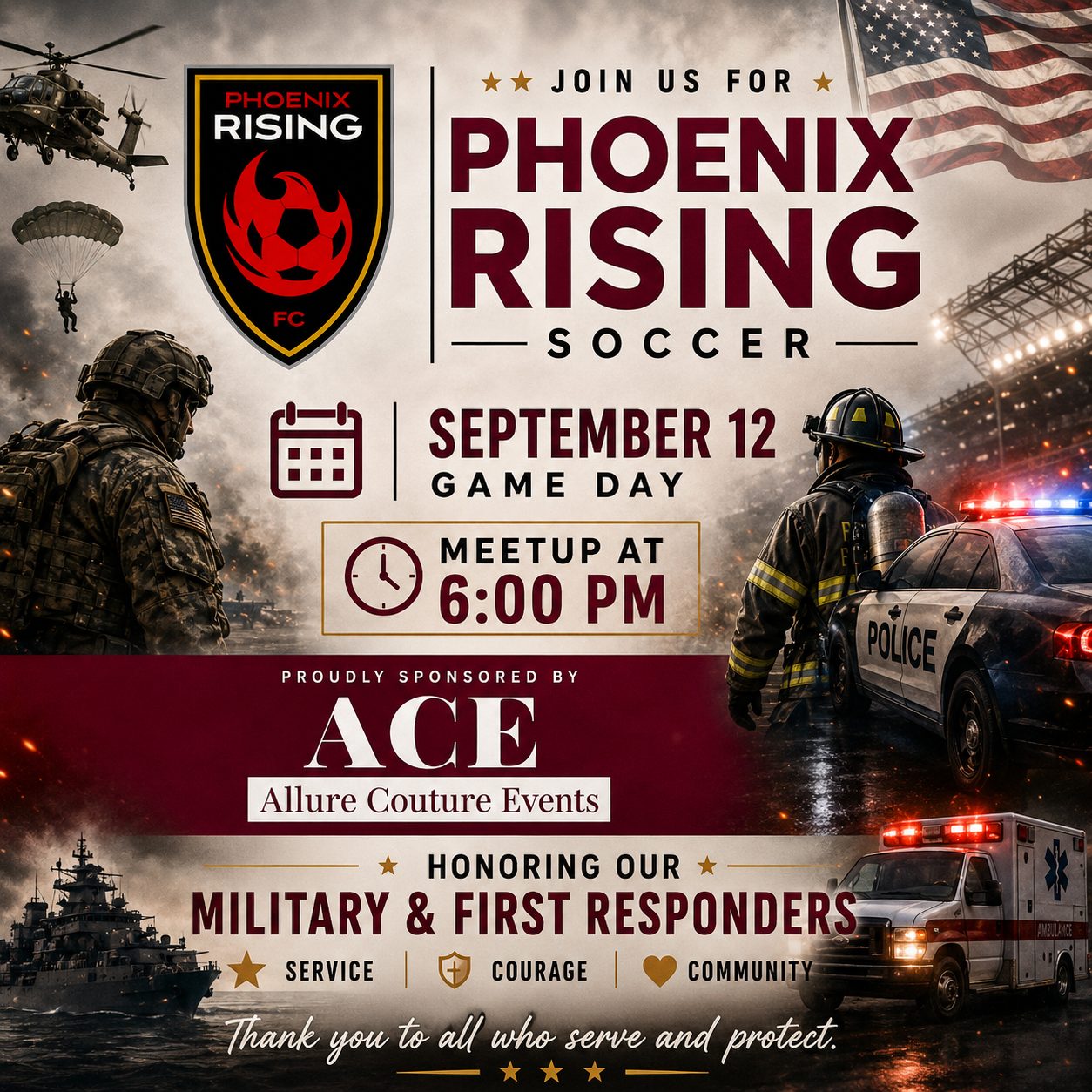 Flyer inviting veterans to Phoenix Rising Soccer game day on 12 September, meetup at 6:00 PM. Sponsored by ACE Allure Couture Events, honoring military and first responders.