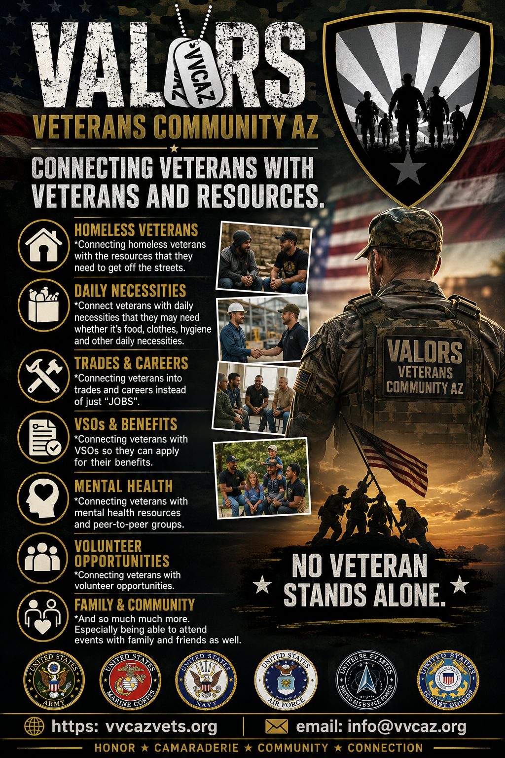 Valors Veterans Community AZ services flyer: connecting veterans with veterans and resources. Homeless veterans, daily necessities, trades and careers, VSOs and benefits, mental health resources and peer-to-peer groups, volunteer opportunities, family and community. No veteran stands alone.