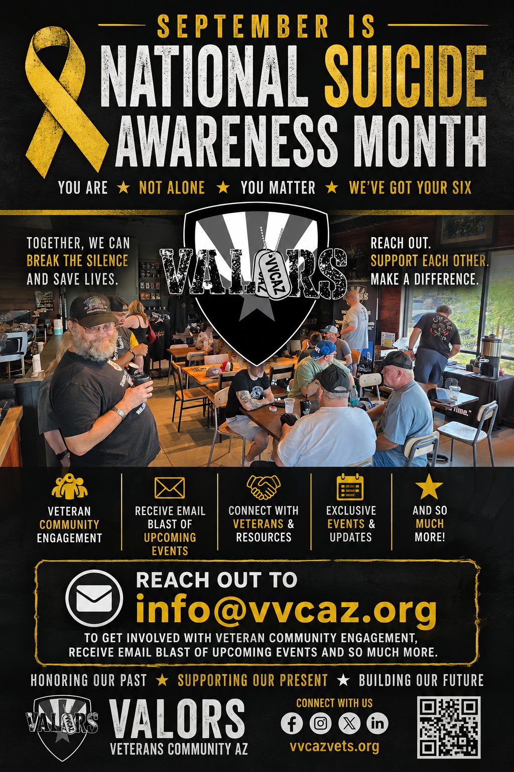 VVCAZ flyer for National Suicide Awareness Month in September: you are not alone, you matter, we've got your six. Together we can break the silence and save lives. Reach out to info@vvcaz.org.