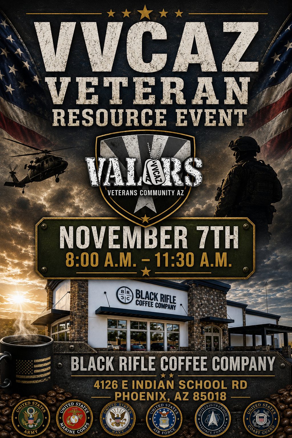 Flyer for the VVCAZ Veteran Resource Event on 7 November, 8:00 AM to 11:30 AM at Black Rifle Coffee Company, 4126 E Indian School Rd, Phoenix AZ 85018.