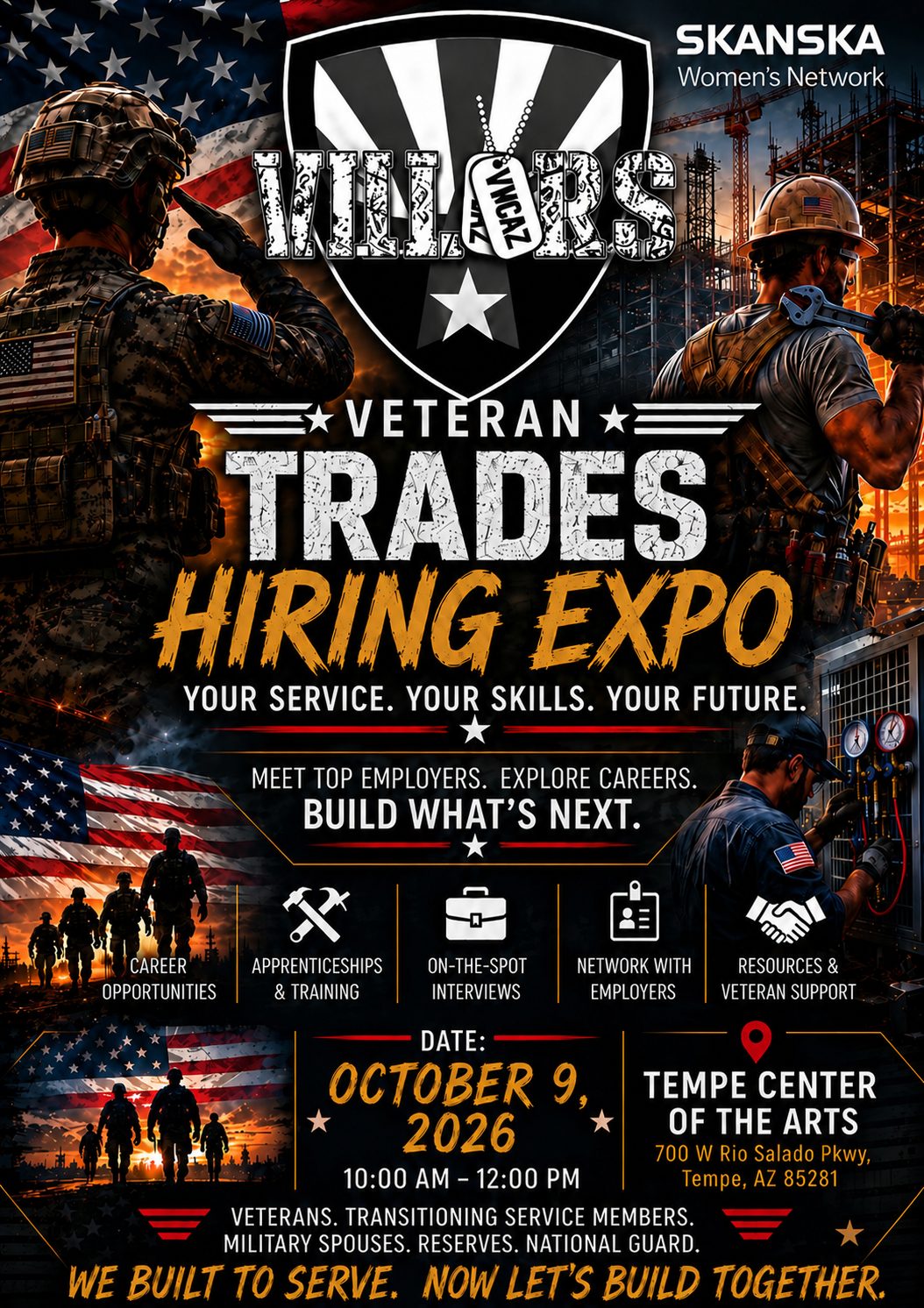 Flyer for the Veteran Trades Hiring Expo with the Skanska Women's Network on 9 October 2026, 10:00 AM to 12:00 PM at Tempe Center for the Arts, 700 W Rio Salado Pkwy, Tempe AZ 85281. Open to veterans, transitioning service members, military spouses, reserves and National Guard.