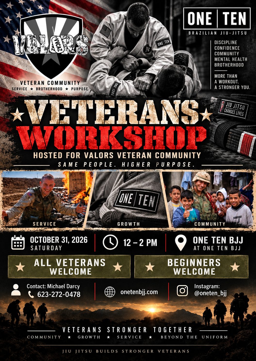 Flyer for the Veterans Workshop hosted by Valors Veteran Community at One Ten Brazilian Jiu-Jitsu on Saturday 31 October 2026, 12:00 to 2:00 PM. All veterans and beginners welcome. Contact Michael Darcy at 623-272-0478.