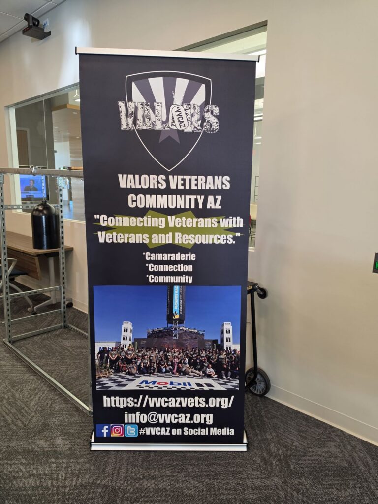 Valors Veterans Community AZ pull-up banner: Connecting Veterans with Veterans and Resources. Camaraderie, Connection, Community. vvcazvets.org and info@vvcaz.org.